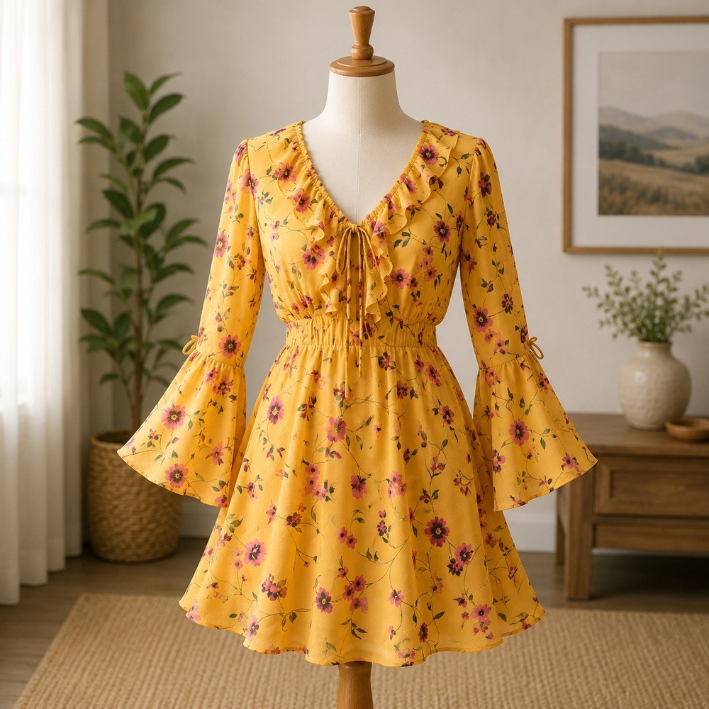 NWT Glamorous Mini Dress Womens 8 Yellow Pink Floral Ruffle Bell Sleeve Boho